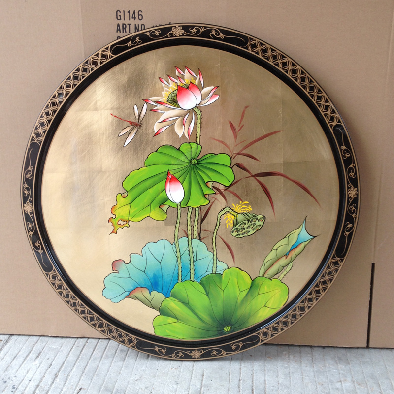 至高美金箔手绘蜻蜓荷花挂画明清古典家具装饰画圆形入户玄关画图片