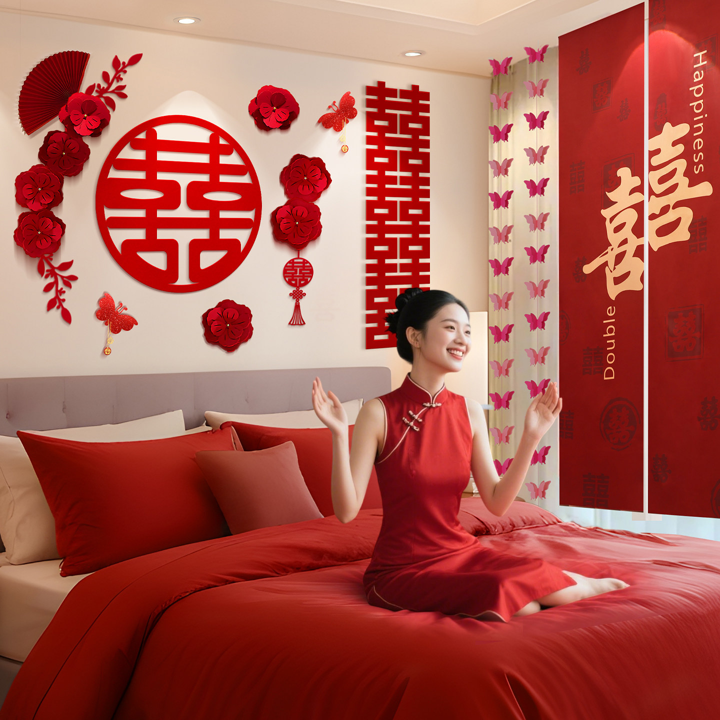 婚房布置套装婚礼结婚男女方卧室床头背景墙装饰酒店房间氛围拉花