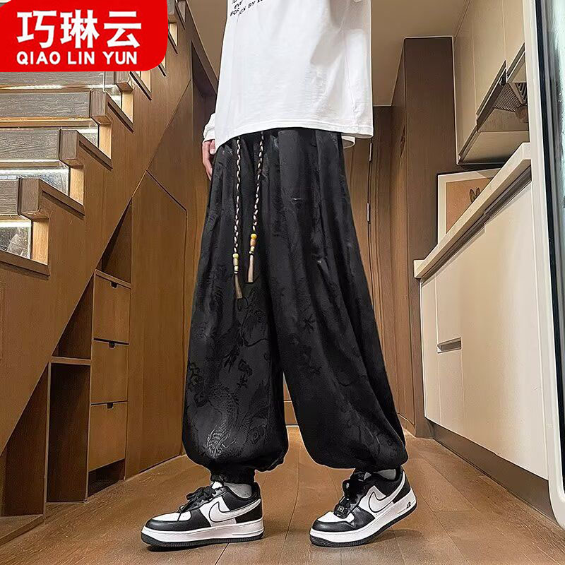 巧琳云裤子男夏季龙纹暗花束脚灯笼裤宽松大码胖子薄款宽松哈伦裤