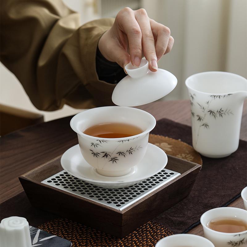 冰种素烧茶具套装高档西施壶三才盖碗德化羊脂玉墨竹水墨江山茶具