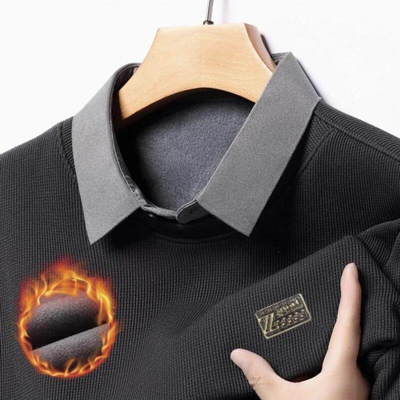 东庄梧冬季男士加绒加厚毛衣假两件针织衫长袖T恤 polo保暖打底衫