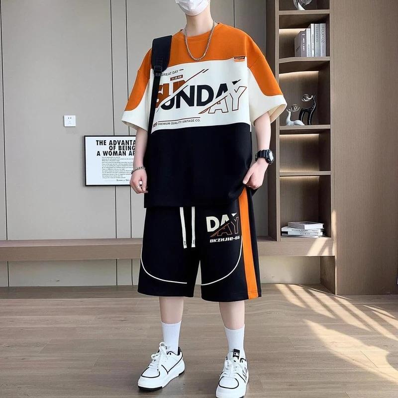 娴苦阁3男生夏季宽松休闲百搭运动短袖短裤套装五分青少年学生时