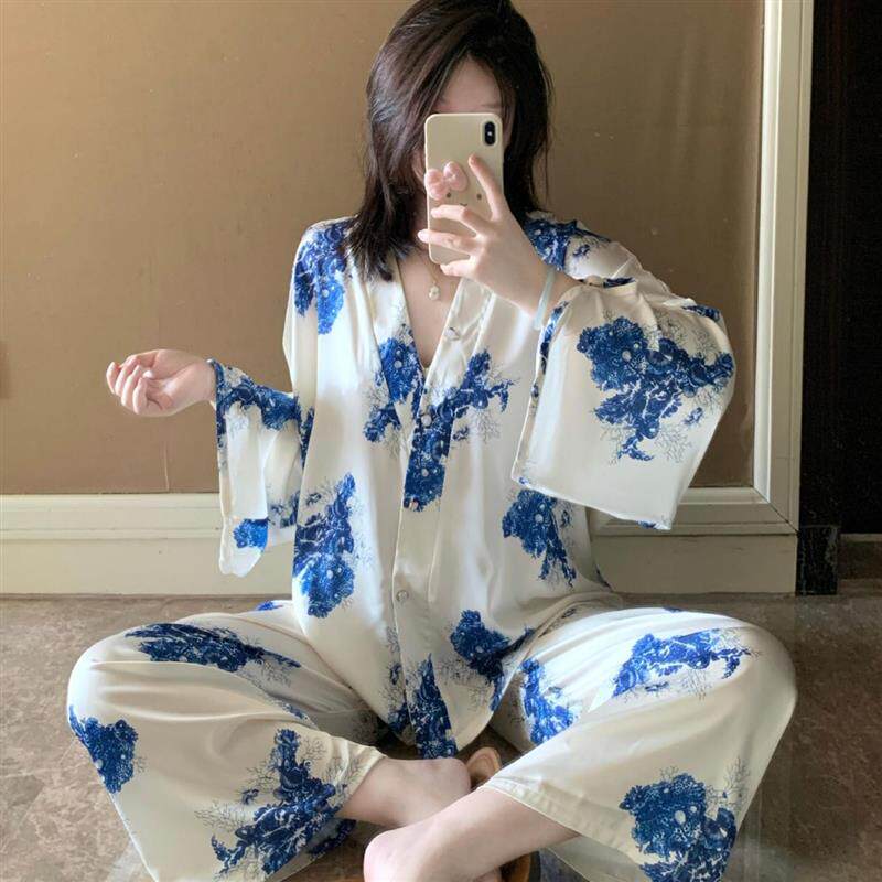高级】睡衣女秋季长袖大码薄款开衫可外穿藏蓝花卉凉感套装家居服
