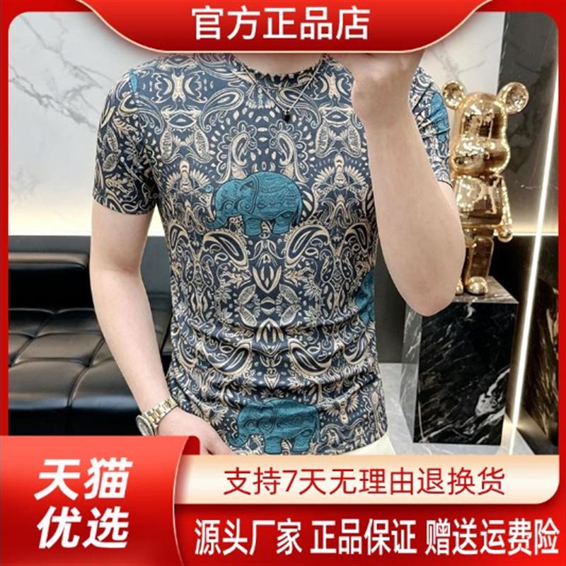 云枢优衣馆LMVQ夏新款修身男士复古印花透气花色圆领短袖T恤休闲
