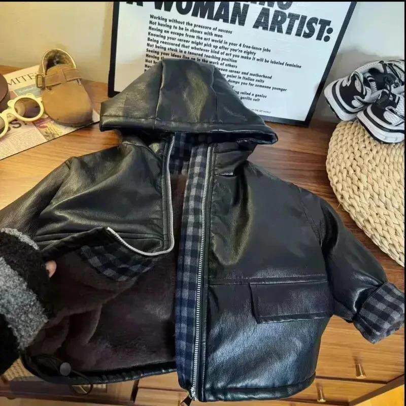 麦多多童装优选男童冬装夹克加绒外套冬儿童洋派连帽皮衣夹克外套