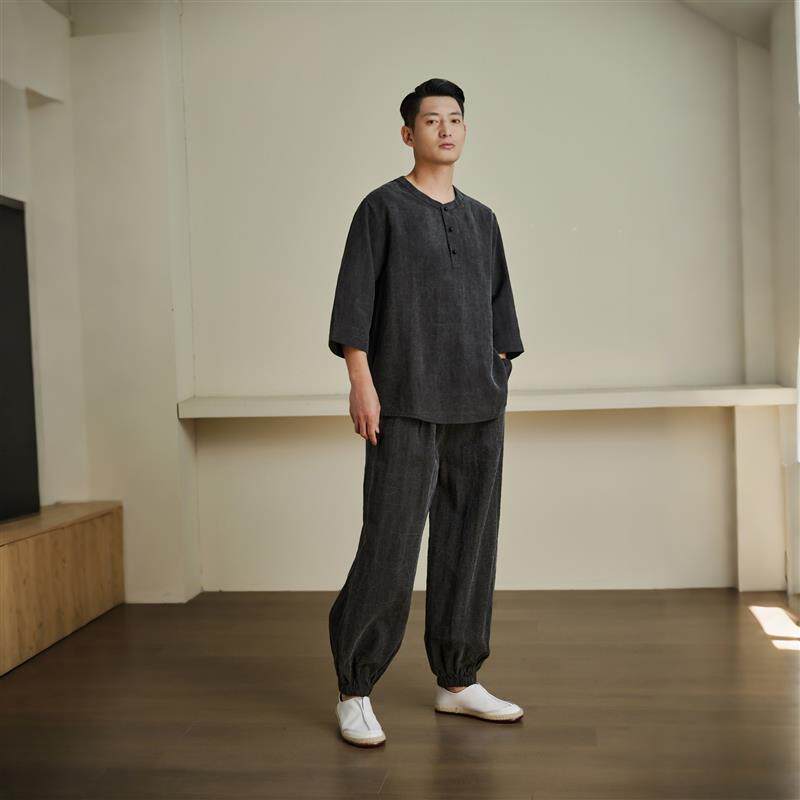 青木升夏季真丝龟裂纹香云纱短袖t恤男士灯笼裤套装男新中式男装