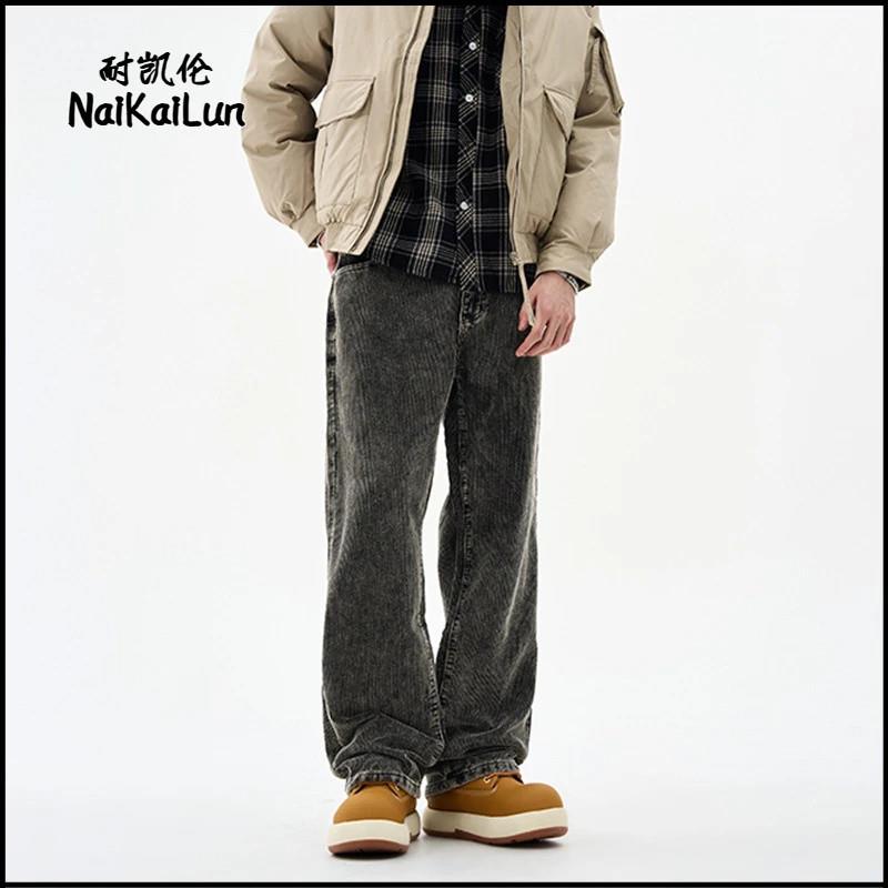 曼希尔男装重磅水洗z粗条纹牛仔裤高品质男士秋季o宽松直筒阔腿裤