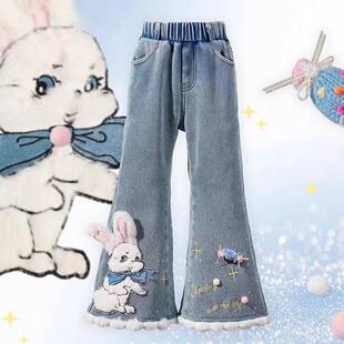 可可精品母婴女童喇叭裤儿童洋派加绒牛仔裤女冬季裤子加厚文具