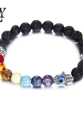 速卖通热卖手串 能量火山石熔岩石手掌串珠手链8mm七彩佛珠 B0906