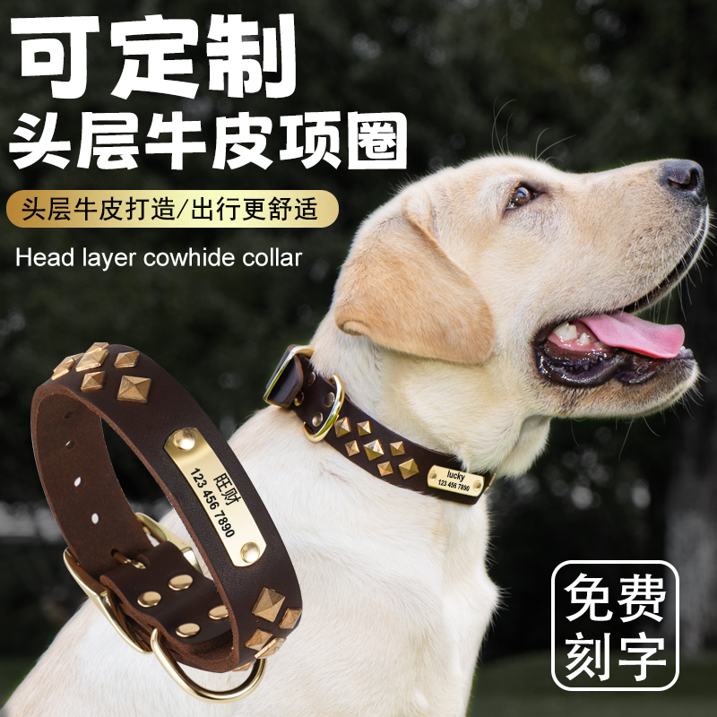 牛皮狗狗项圈小型犬中大型犬宠物脖套马犬柯基刻字防丢失真皮脖圈