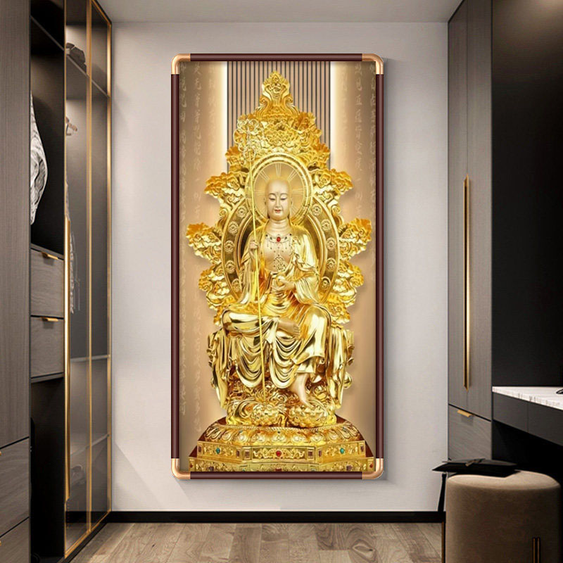 地藏王菩萨佛像画像实木铜角结缘佛堂供奉背景墙装饰画中堂挂画