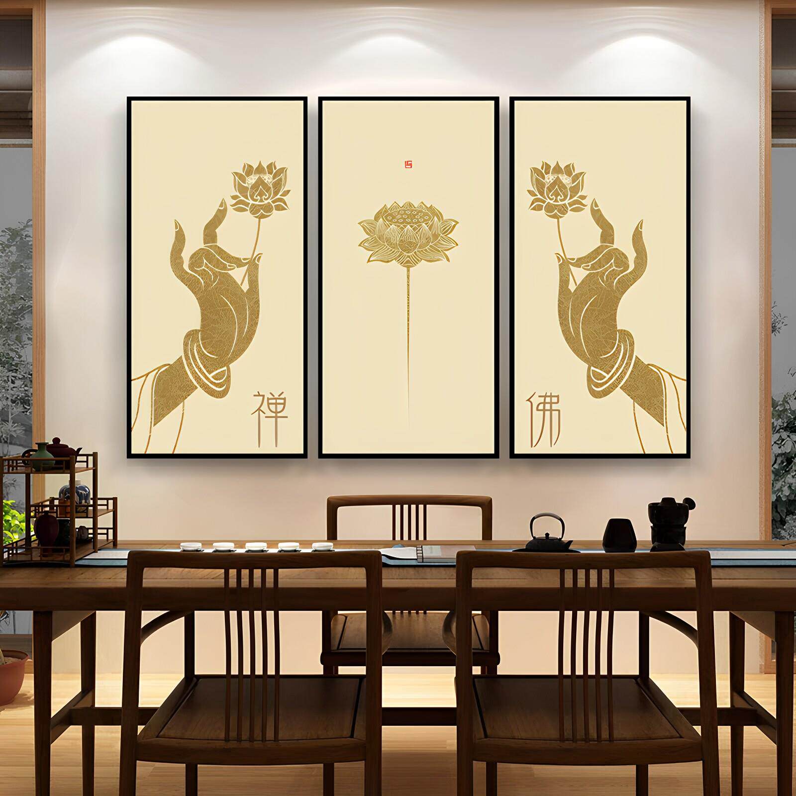 佛系挂画仙家堂口佛龛背景墙画客厅字画佛手墙壁画莲花心经装饰画