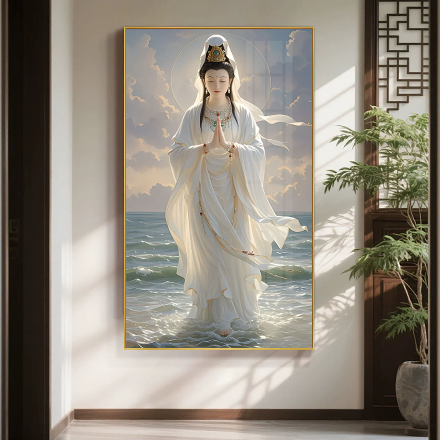 佛像结缘白衣观音法像救苦救难观世音菩萨供奉装饰画LED带灯挂画
