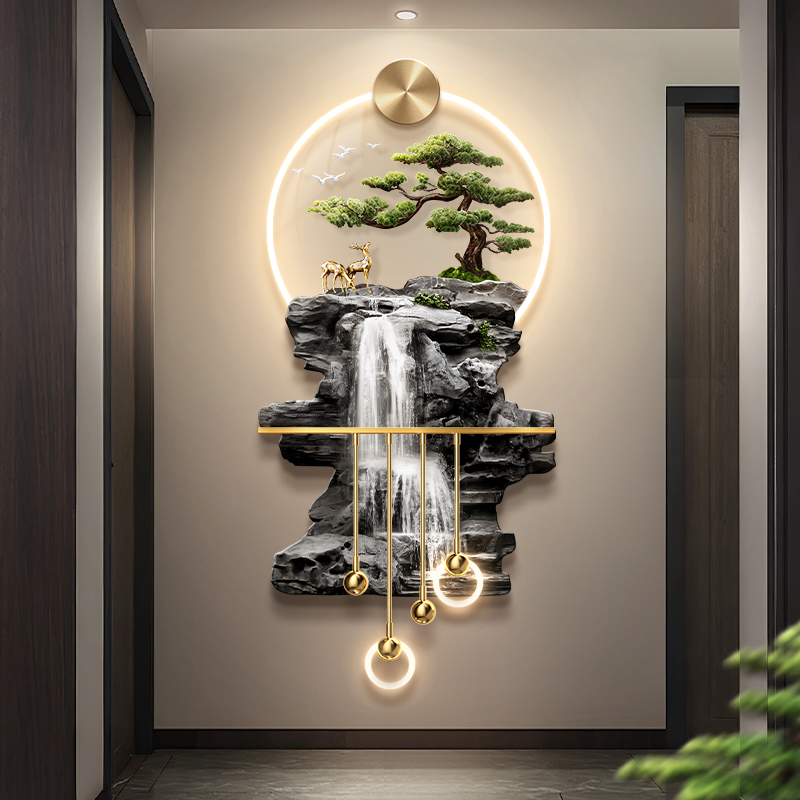 流水生财轻奢玄关装饰画新中式迎客松走廊过道挂画立体入户壁画灯图片
