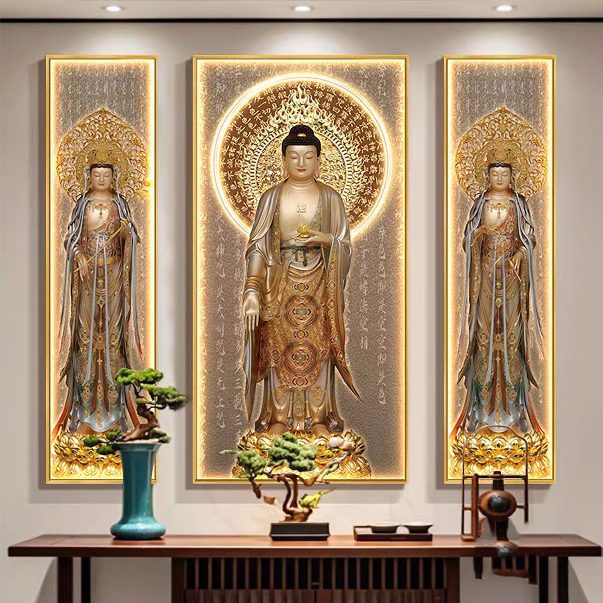 西方三圣佛像阿弥陀佛观音菩萨画像佛堂供奉LED带灯挂画佛龛壁画