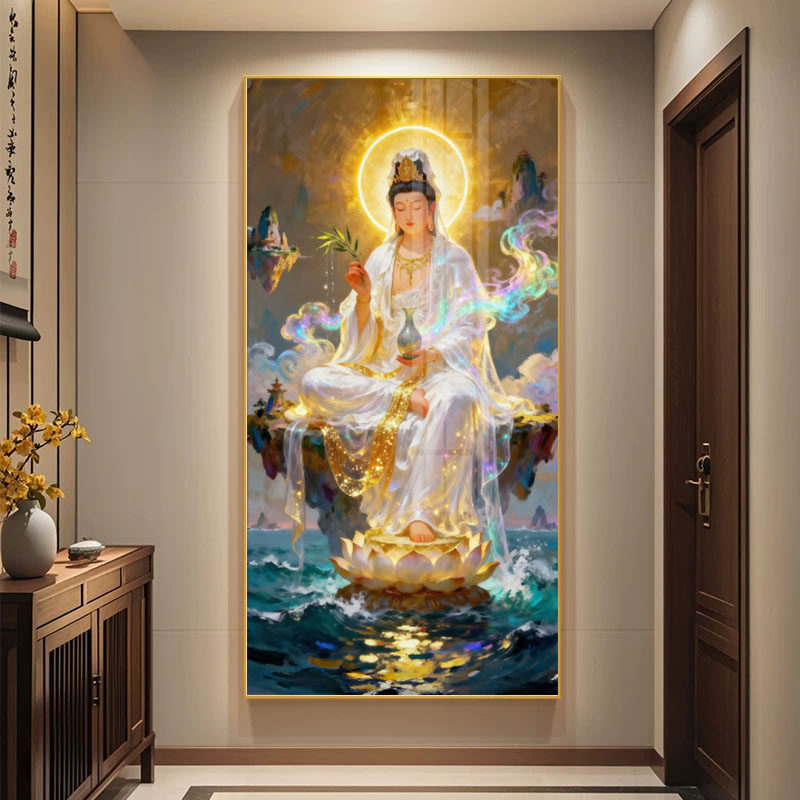 白衣观音法像救苦救难观世音菩萨画像挂画佛像供奉LED带灯装饰画