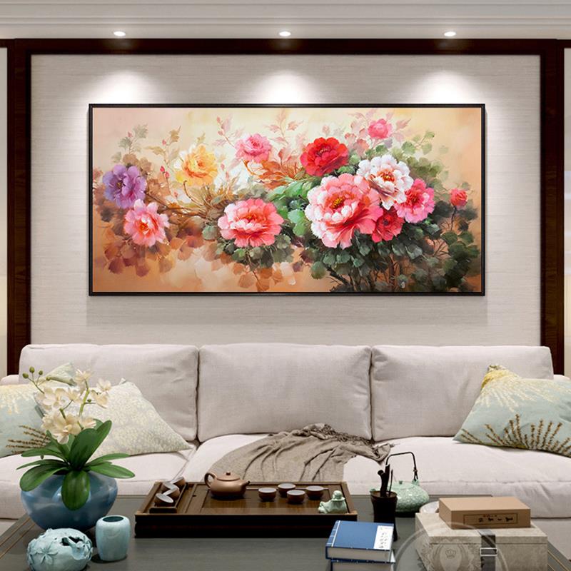牡丹手绘油画新中式客厅装饰画美式壁画餐厅别墅挂画花卉花开富贵图片