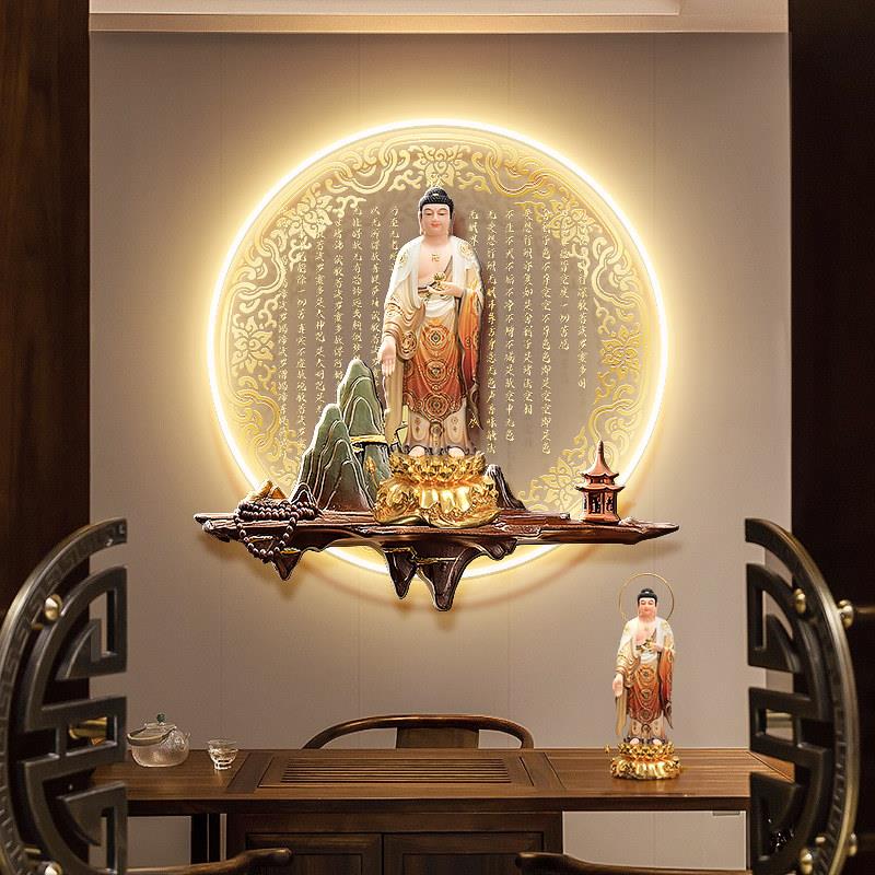 观世音菩萨玄关装饰画心经字画佛堂背景墙挂画佛像圆形茶室壁画灯