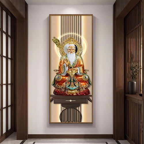 新中式三清祖师爷画像实木中堂背景墙装饰画道家观神像供奉挂画