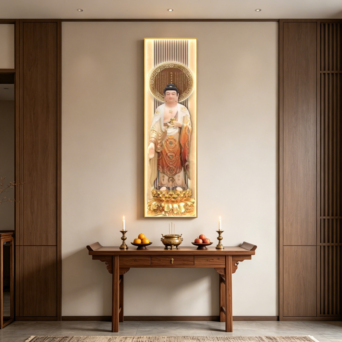 观世音菩萨玄关心经佛堂背景墙供奉西方三圣佛像LED带灯装饰画