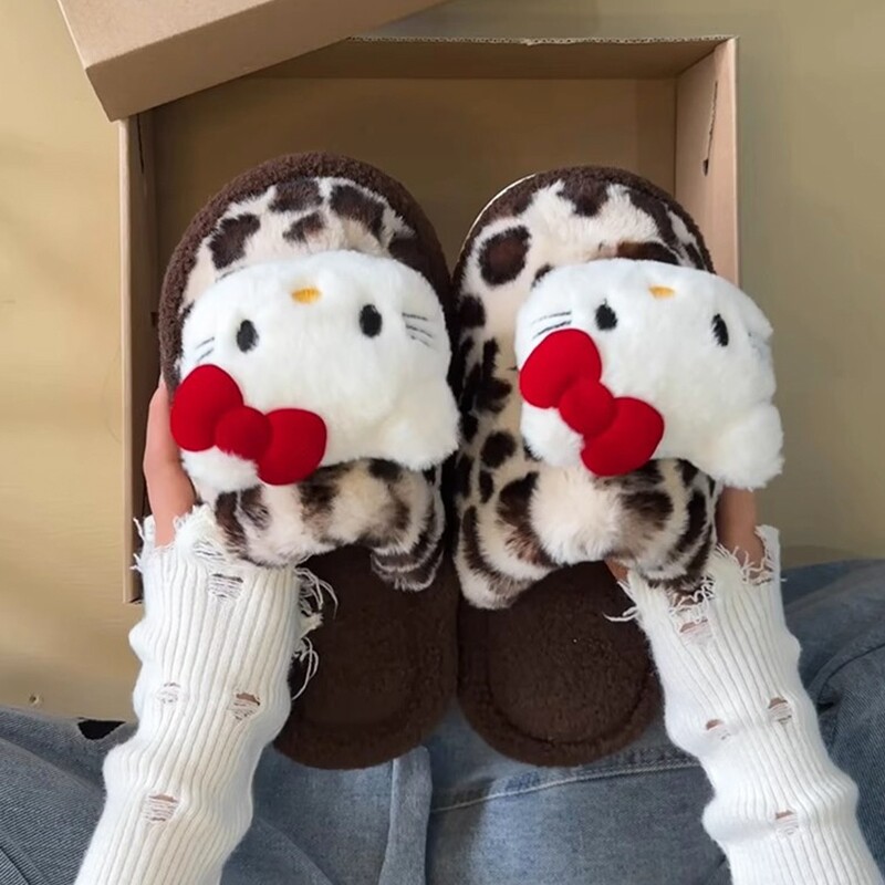 hellokitty豹纹棉拖鞋毛毛冬季凯蒂猫毛绒包头拖室内家居防滑保暖