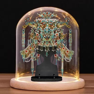 九龙九凤冠金翅鸟冠苗银冠饰点翠凤冠模型圆形玻璃罩 展示盒