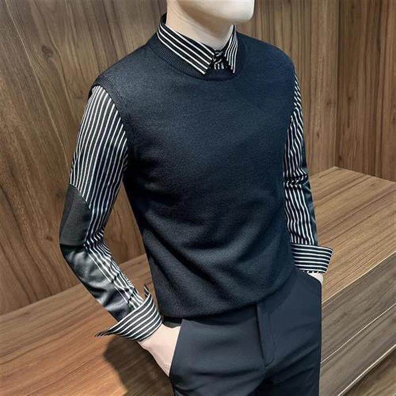 千里马轻奢假两件毛衣男款商务休闲高J级感条纹衬衫领针织打底衫