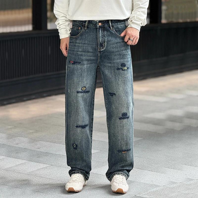 Y世代男装设计师款巴家美式复古F水洗牛仔裤刺绣宽松直筒长裤