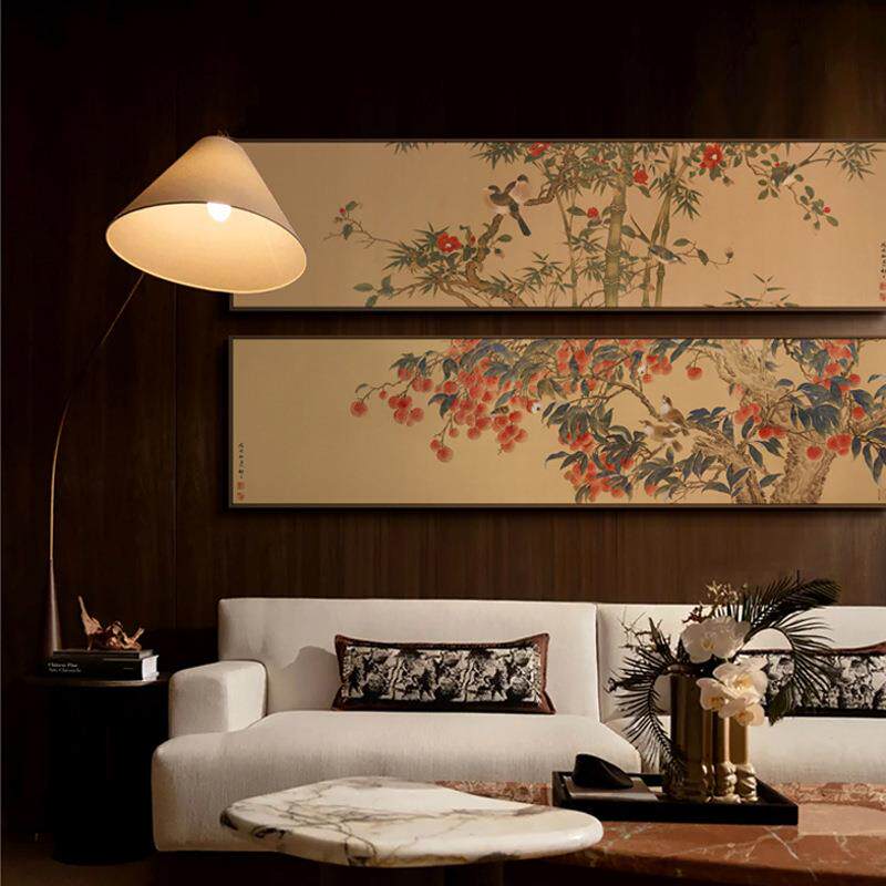 新中式茶餐厅荔枝图装饰画客厅书房背景风景画办公室长条横幅挂画