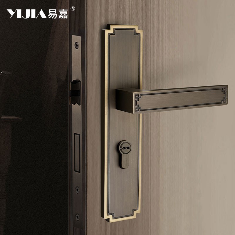 新中式复古黄铜室内卧室门锁家用通用型分体锁纯铜房门把手锁具
