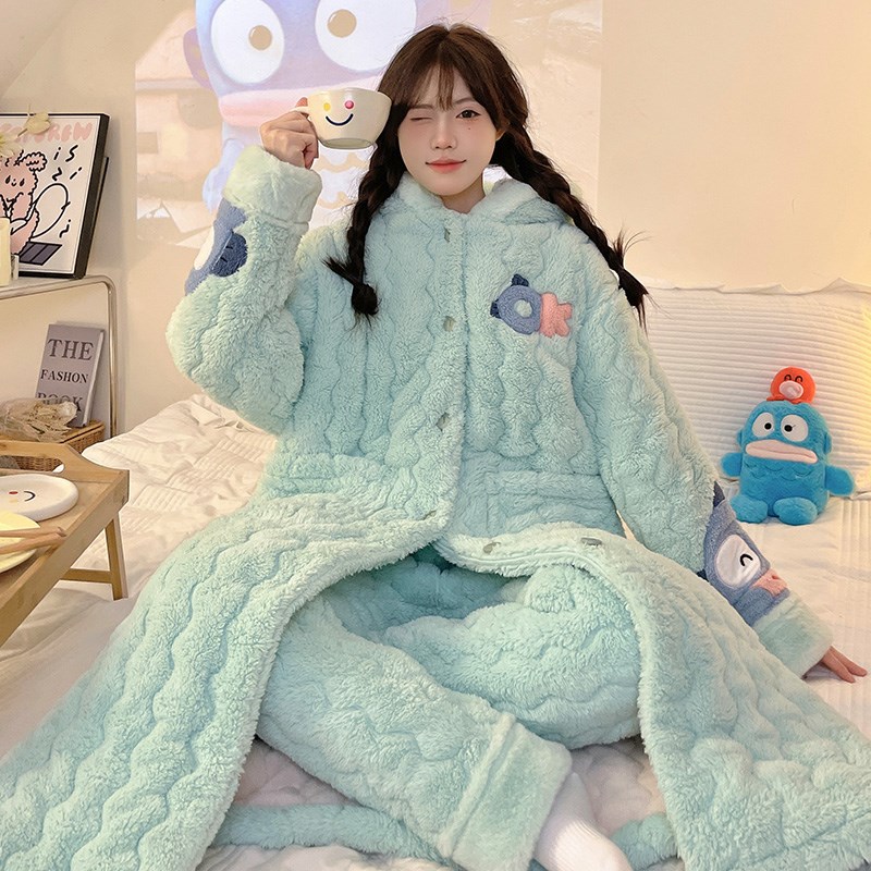 珊瑚绒三层夹棉睡袍女秋冬季加绒加厚可爱丑鱼睡衣浴袍冬天家居服