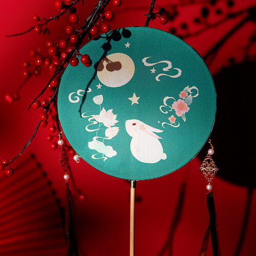 中国风带灯双面团扇中秋节新年复古圆形灯笼汉服木柄跳舞宫灯花灯