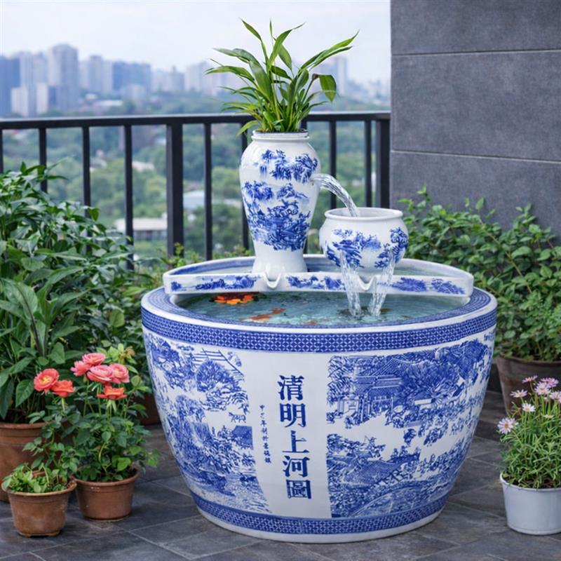 青花瓷水缸生态古法鱼缸客厅阳台金鱼缸瀑布循环流水造景过滤增氧