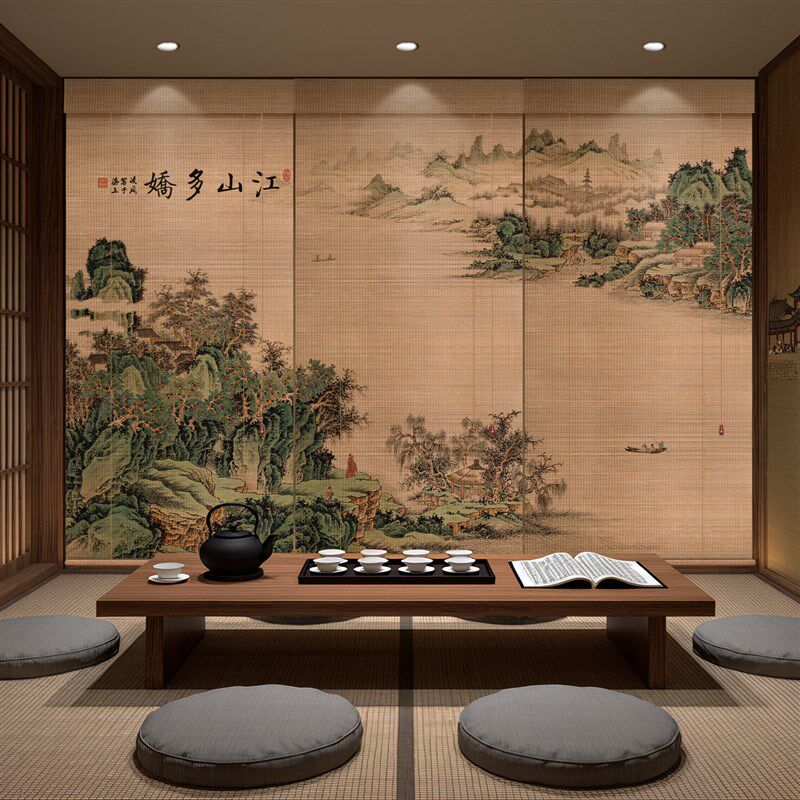 新中式古风竹卷帘超细丝水墨画竹帘遮光遮阳隔断帘茶室大厅升降帘