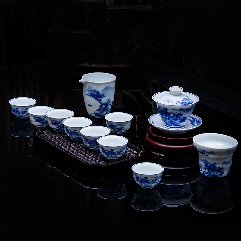 景德镇手绘釉下彩青花瓷茶具套装高白瓷功夫茶具三才盖碗整套送礼