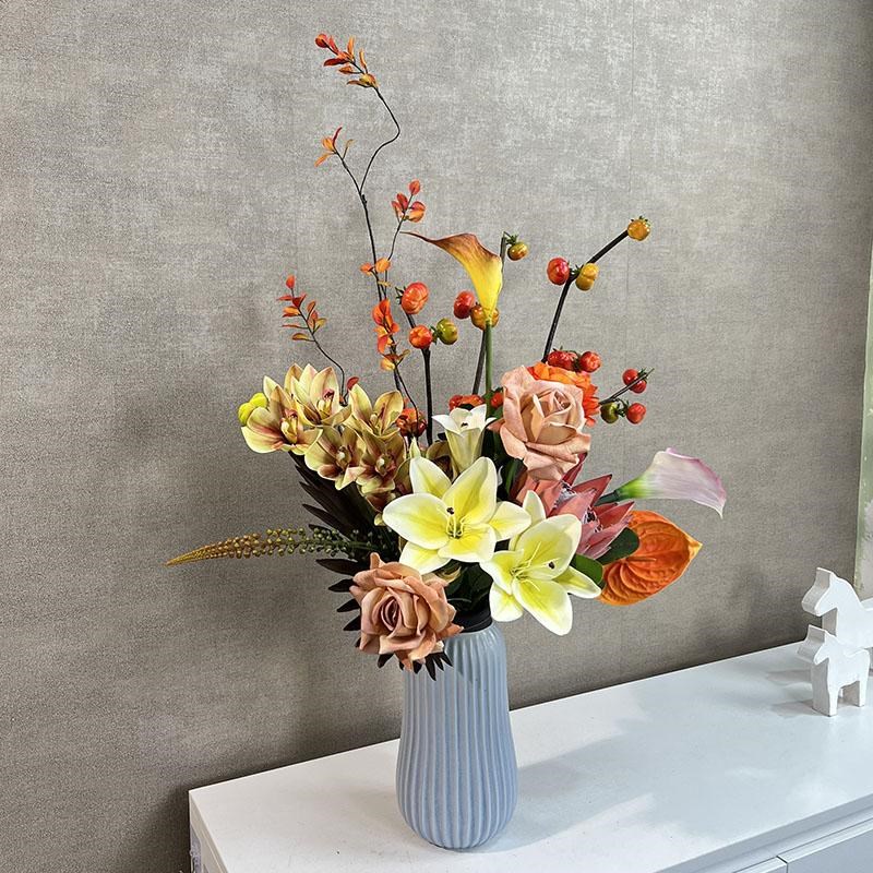 手感百合花仿真花束餐桌摆件湿感玫瑰装饰假花客厅电视柜摆设花艺