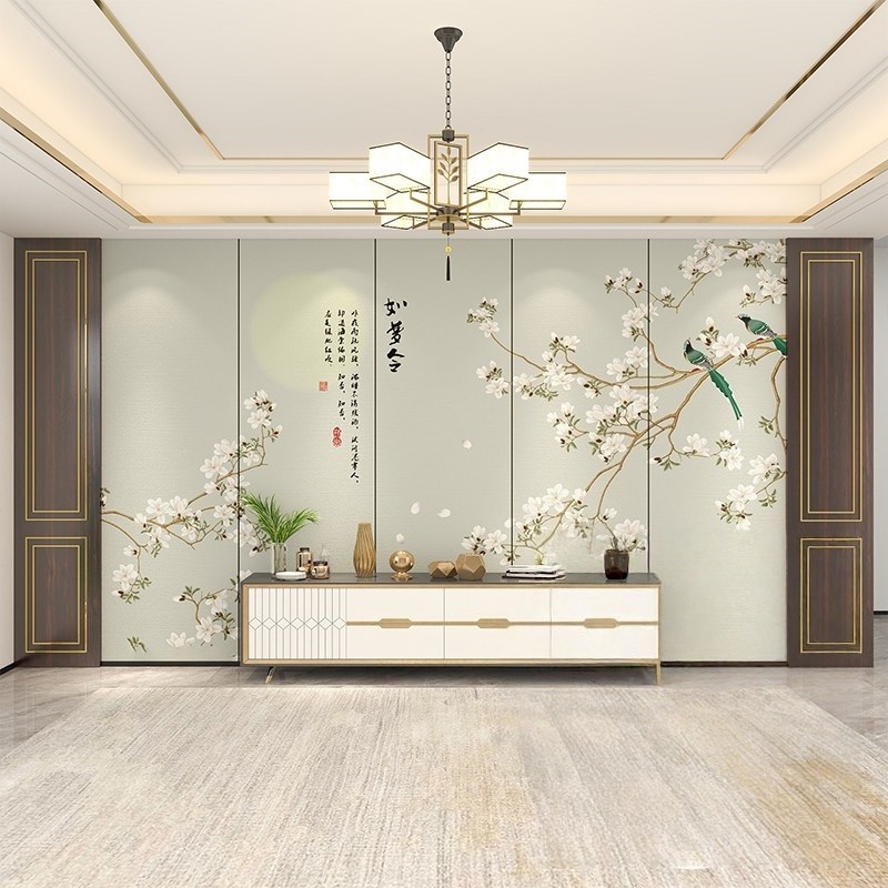 碳晶板简约新中式玉兰花鸟装饰电视背景墙木饰面板客厅沙发护墙板