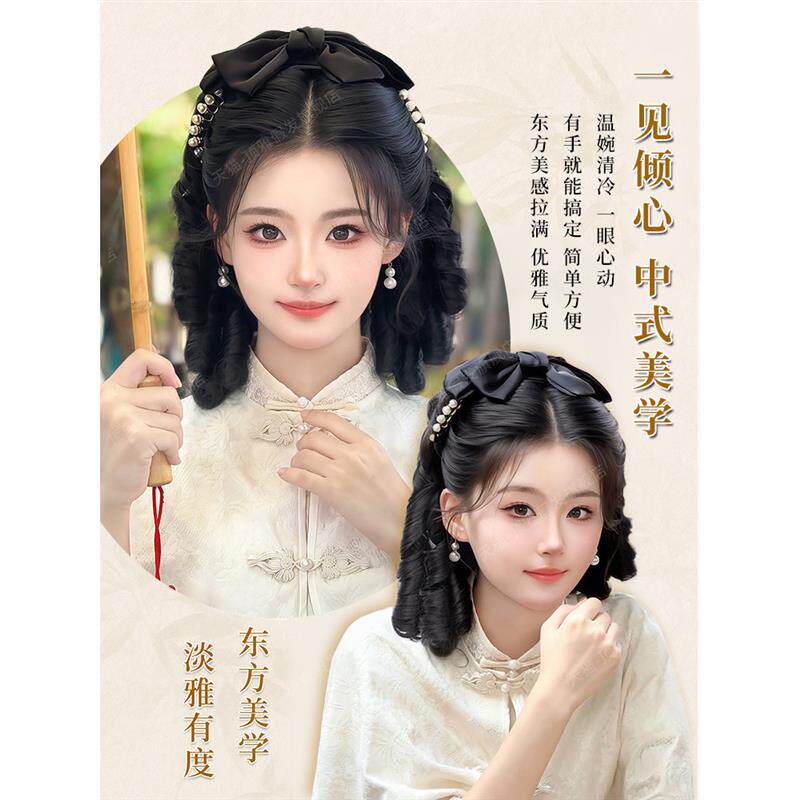 马尾假发女民国风黑色罗马卷蝴蝶结抓夹发饰中式旗袍发髻马尾假发