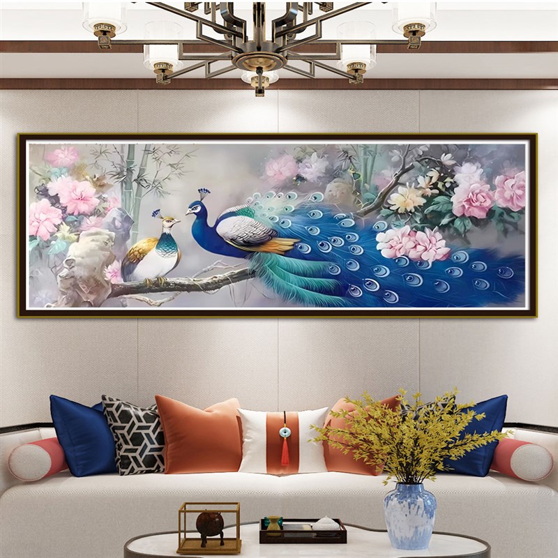 牡丹花孔雀十字绣2024新中式线绣客厅山水画风景手工自己绣