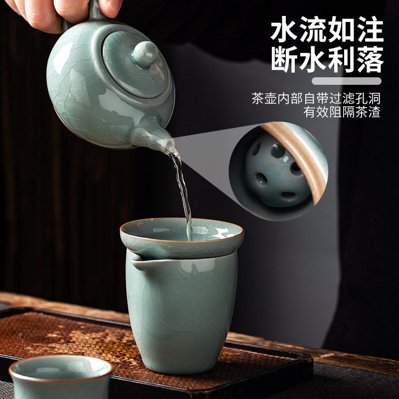景德镇冰裂釉青瓷功夫茶具套装家用轻奢办公室会客泡茶壶高端礼盒