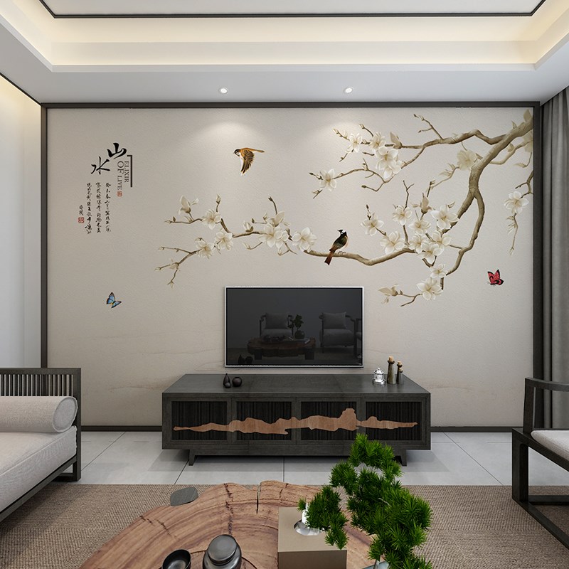 3D立体电视背景墙扣板新中式花鸟护墙板竹木纤维客厅沙发集成墙板