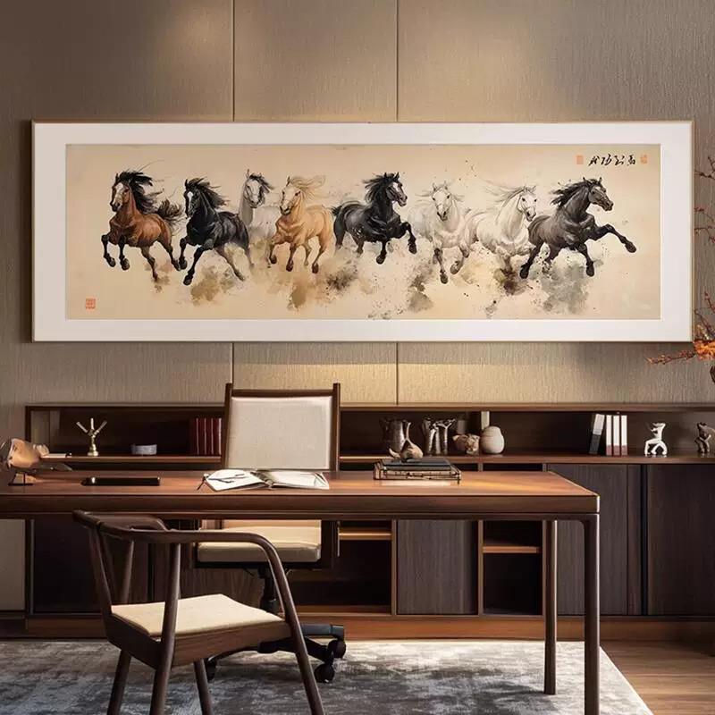 骏马图客厅沙发背景墙装饰画办公室挂画马到成功高档新中式背景画