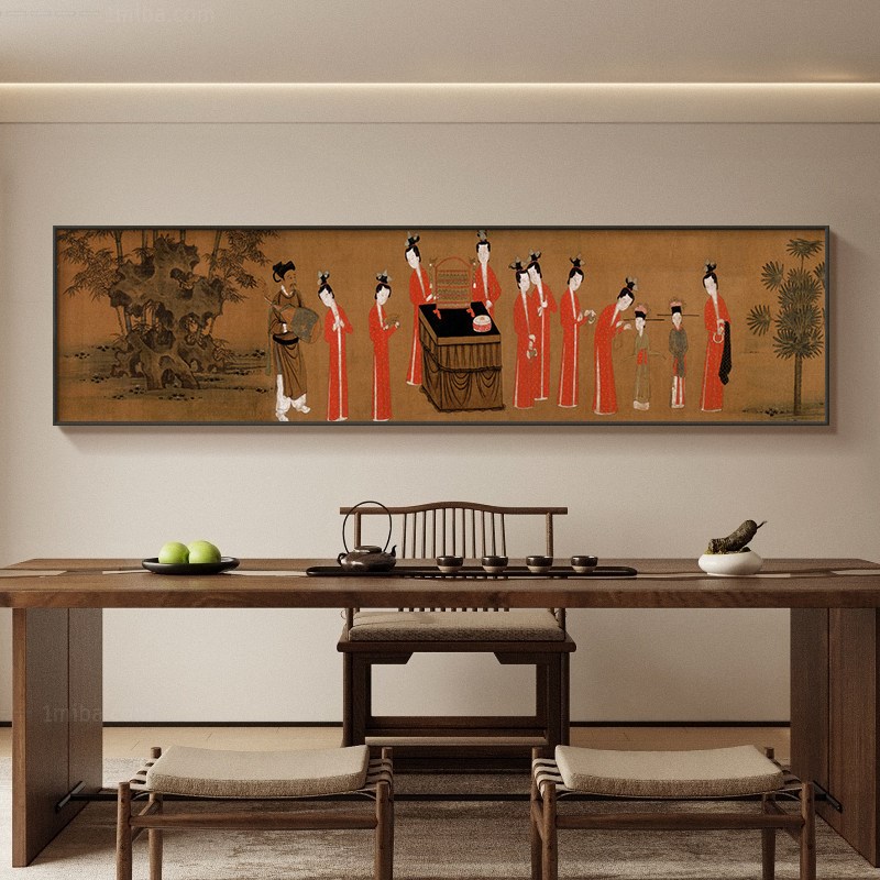 周昉簪花仕女图茶室装饰画宋代美学卧室床头挂画客厅双联横幅壁画图片