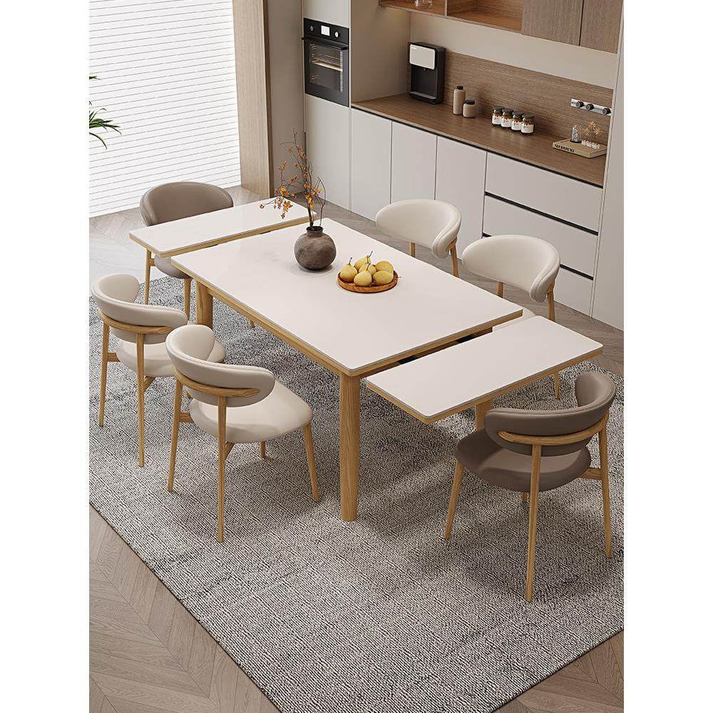 德利丰岩板伸缩餐桌椅原木奶油风家用小户型实木折叠长方形饭桌,住宅家具,岩板餐桌,淘宝优惠券,粉丝福利购,淘宝优惠卷