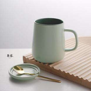 女生陶瓷咖啡马克杯 风家用简约绿色大肚水杯大容量带盖男生款