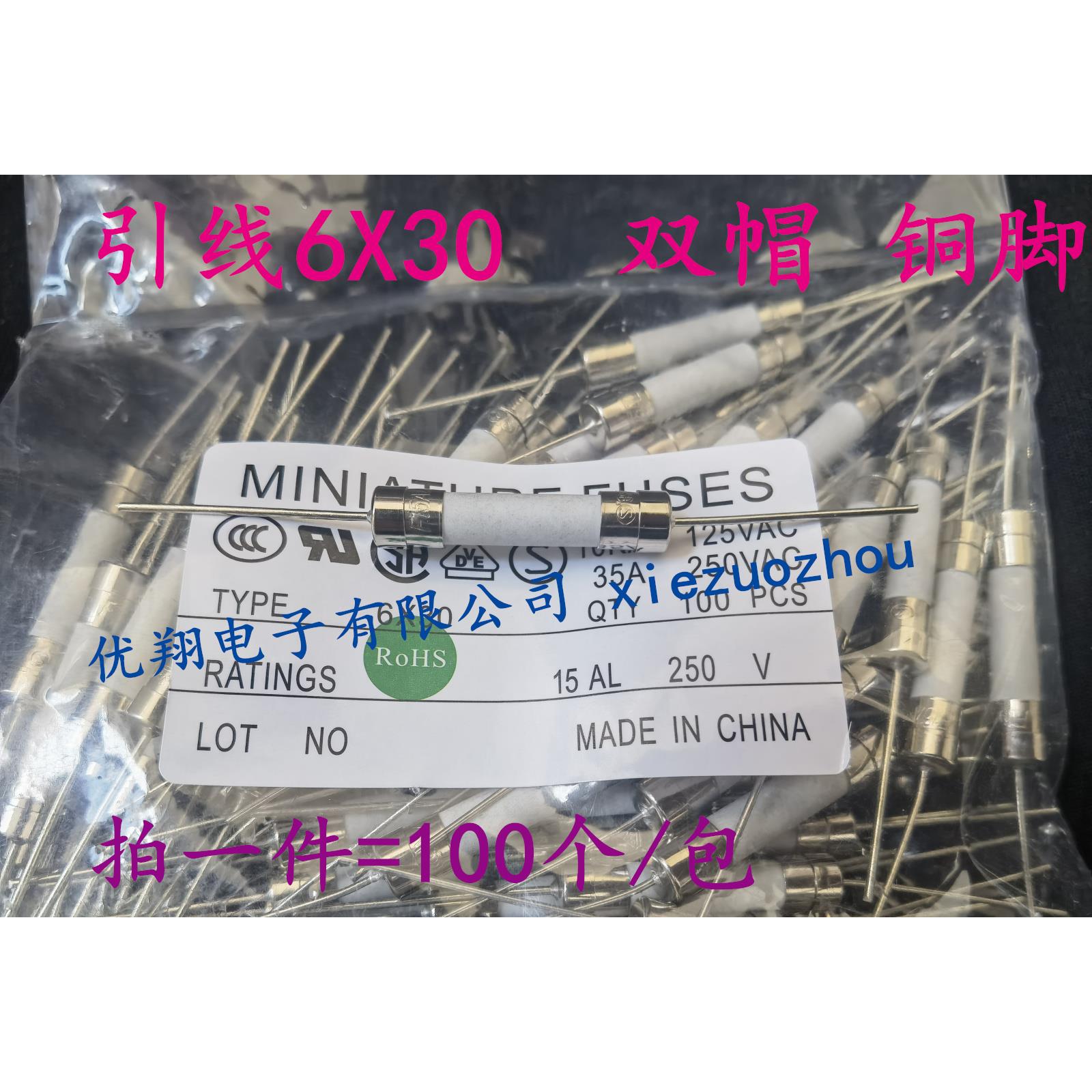 引线陶瓷6X30双帽保险丝管6*30 F10A/12A/15A/20A/25A/30A(100个)