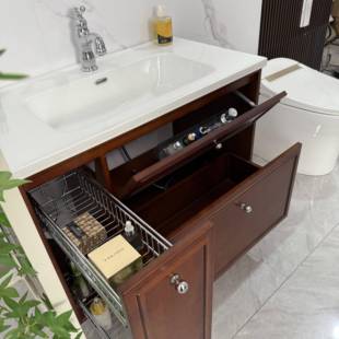 实木烤漆中古风大收纳拉篮抽屉浴室柜组合洗漱台陶瓷一体洗脸手盆