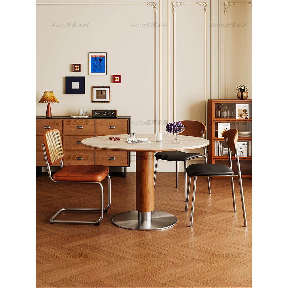 中古风岩板圆桌覆古金属腿圆形餐桌北欧包豪斯实木维亚岩板餐桌椅,住宅家具,岩板餐桌,淘宝优惠券,粉丝福利购,淘宝优惠卷