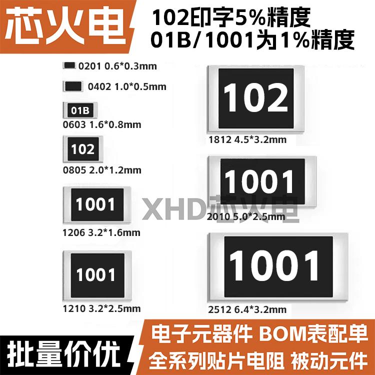 1K欧 贴片电阻 精度5%/1%丝印:102/1001/01B 0603 0805 1206 2512