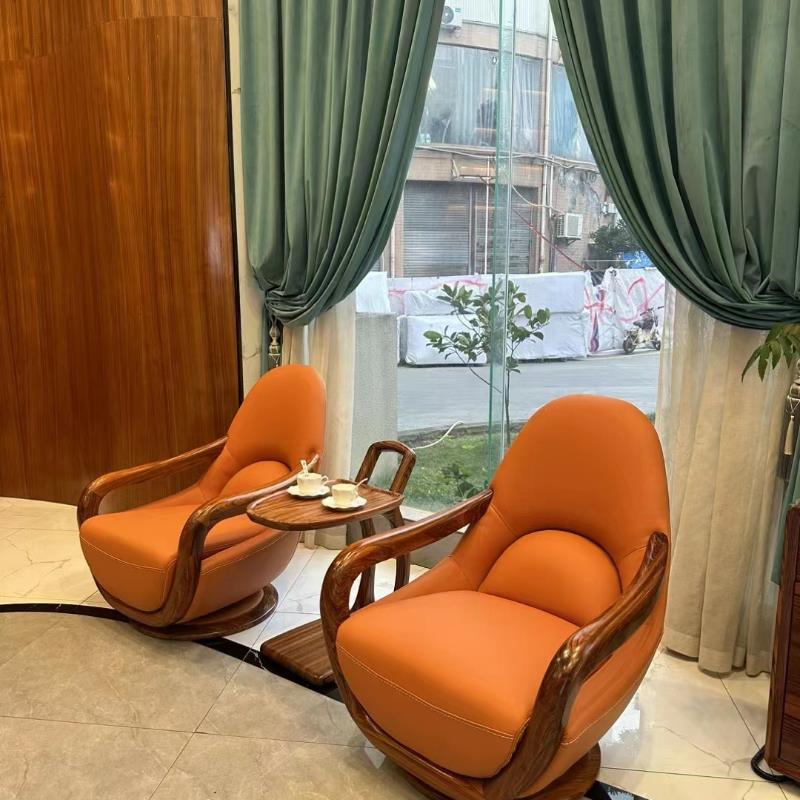 新中式乌金木休闲椅实木真皮旋转单人椅设计师单人沙发高背老虎椅